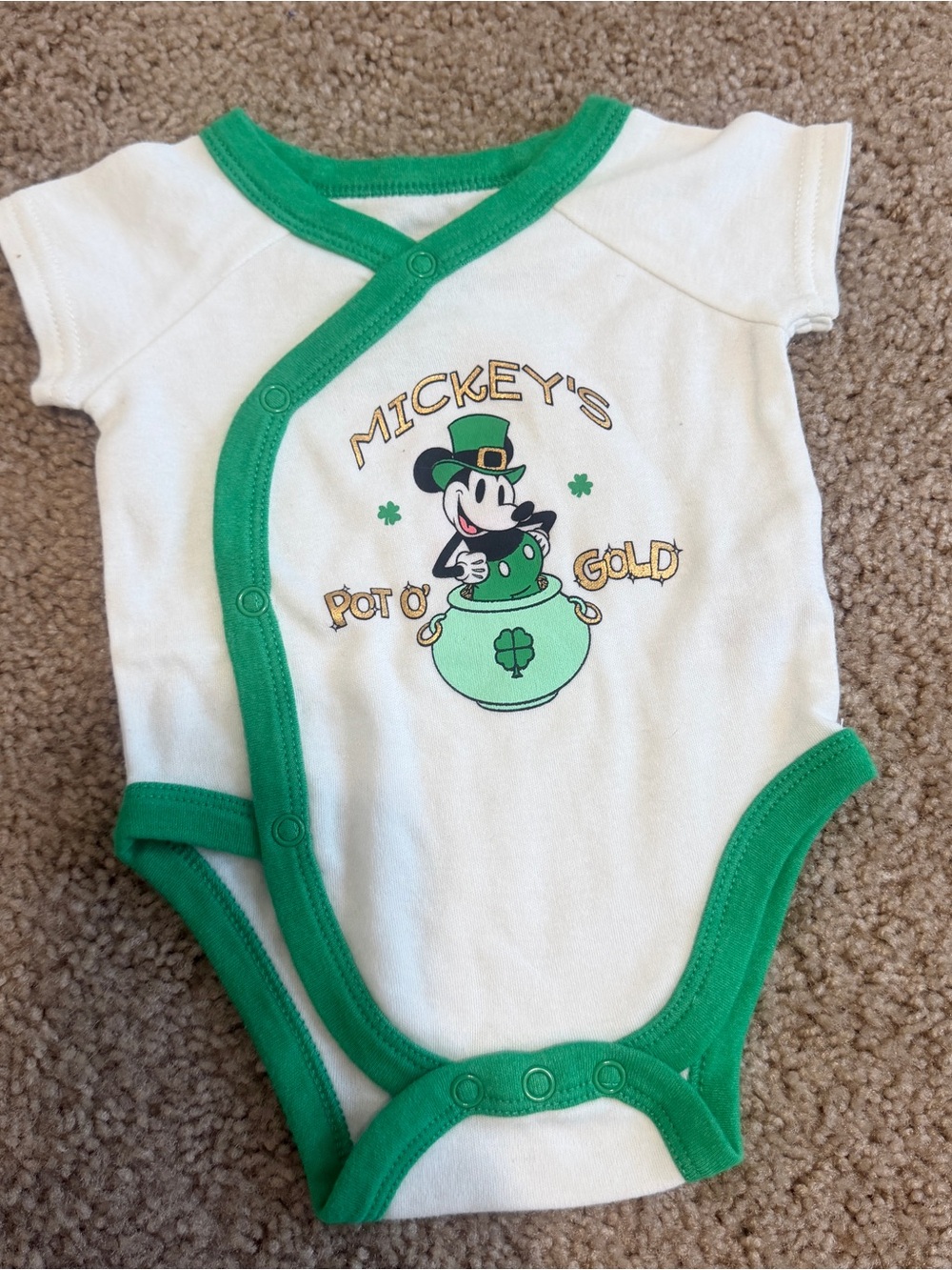 Disney White One-Piece with Green Trim and Mickey Pot o' Gold Graphic